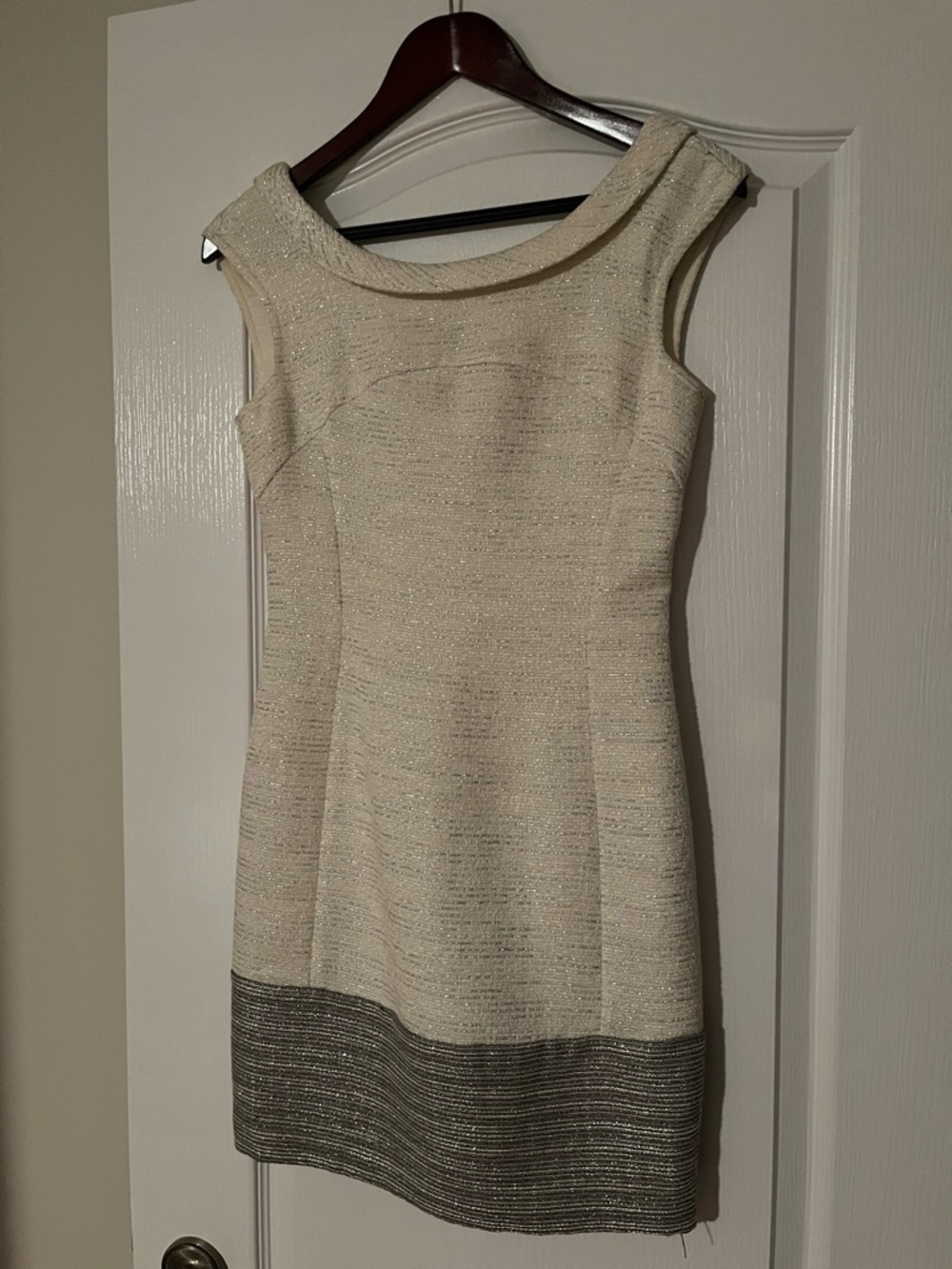 Axara Sleeveless Cream Sheath Dress with Metallic Hem